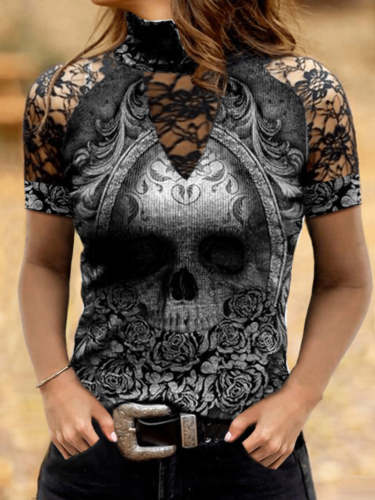 Lace Sexy Skull Printed Top