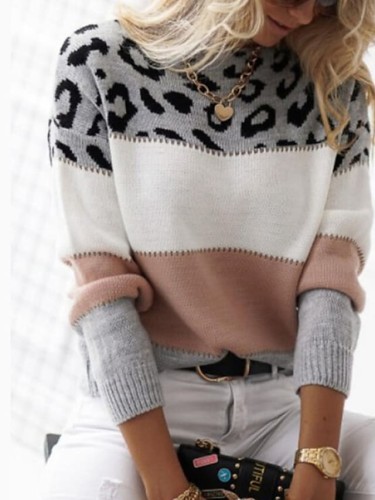 Women's Sweater Pullover Jumper Knitted Color Block Leopard Stylish Casual Long Sleeve Regular Fit Sweater Cardigans Crew Neck Fall Winter Blushing Pink Gray Red / Holiday / Going out