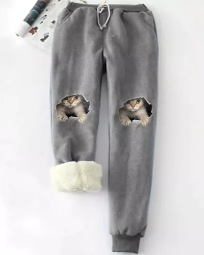 Fun Cat Print Thermal Wool Elastic Waist Lounge Pants