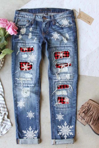 Snowflake Plaid Ripped Jeans