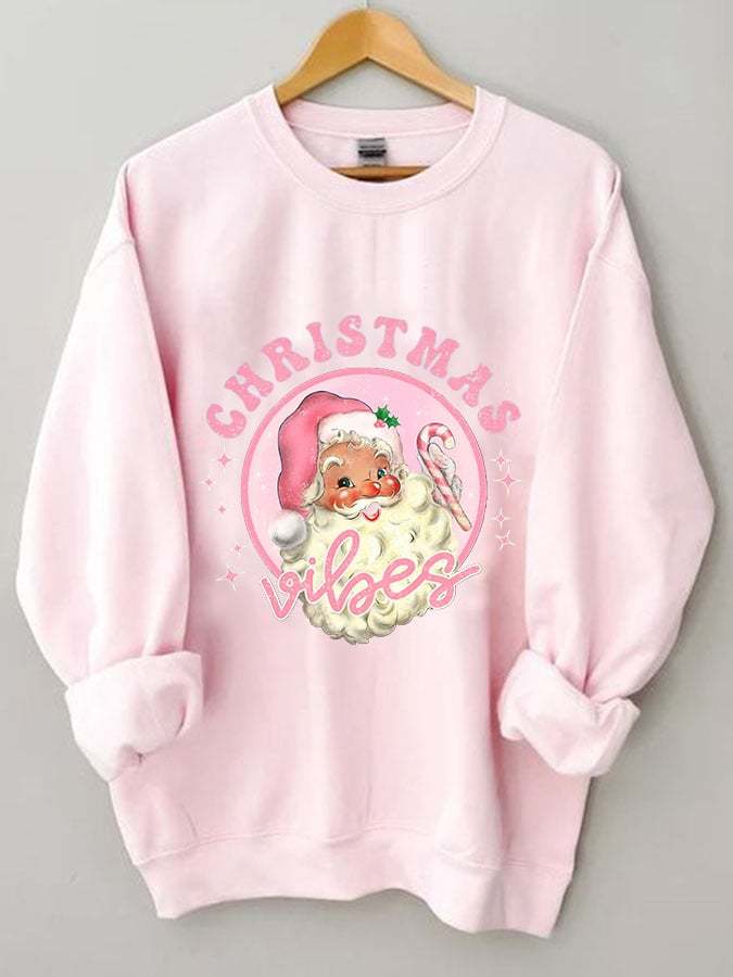 Women's Pink Christmas Santa Print Casual Sweatshirt