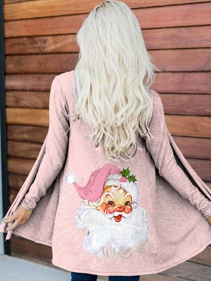 Christmas Retro Pink Santa Print Long Sleeve Cardigan