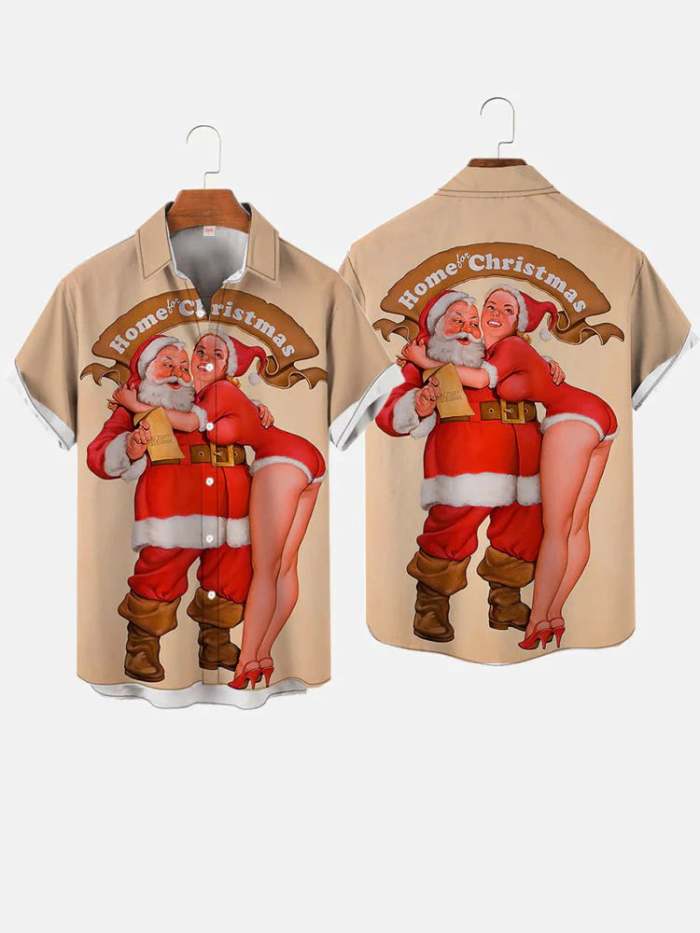 Christmas Elements Santa Claus And Christmas Girl Printing Men's Short Sleeve Shirt
