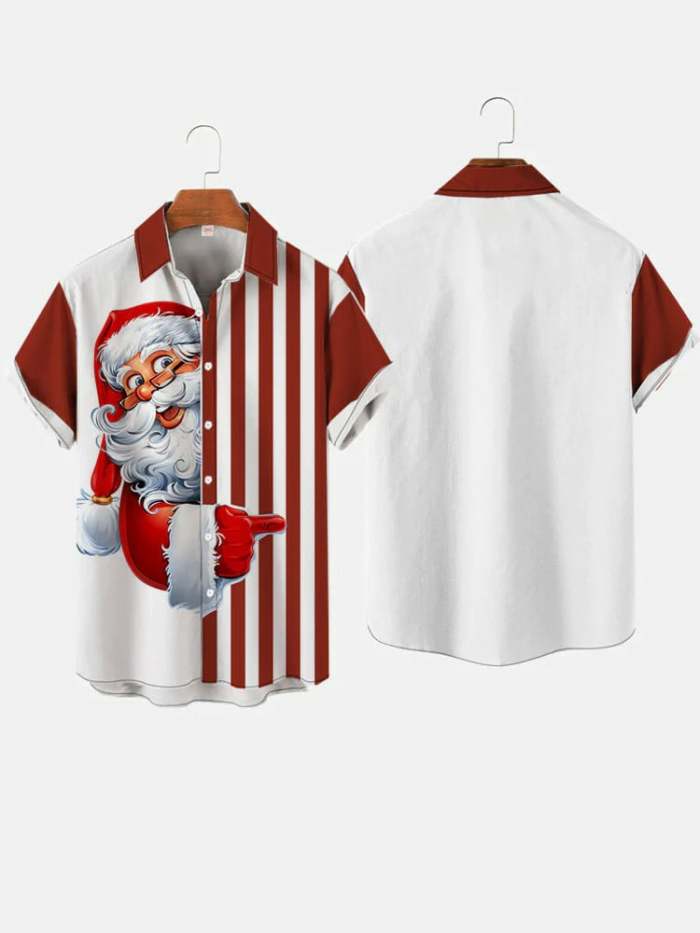 Christmas Elements Retro Red And White Stitching Santa Claus Printing Men's Short Sleeve Shirt