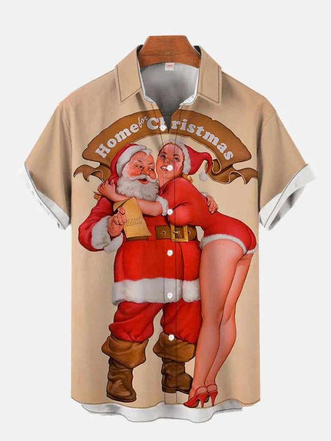 Christmas Elements Santa Claus And Christmas Girl Printing Men's Short Sleeve Shirt