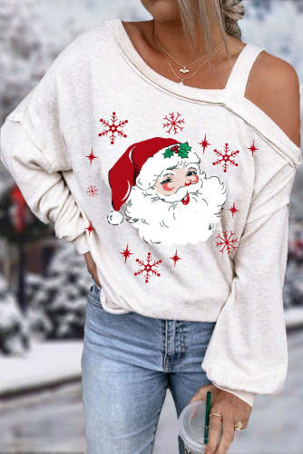 Christmas Santa Claus Abstract Cold Shoulder Asymmetrical Neck Casual Tops
