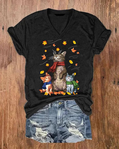 Cute Cat Maple Leaf V-neck Short-sleeved Top