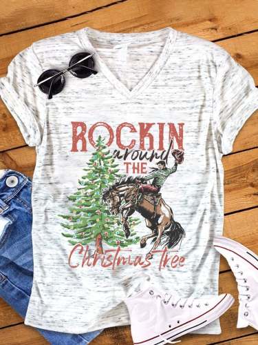 Women's Rockin Around The Christmas Tree Print V-Neck T-Shirt