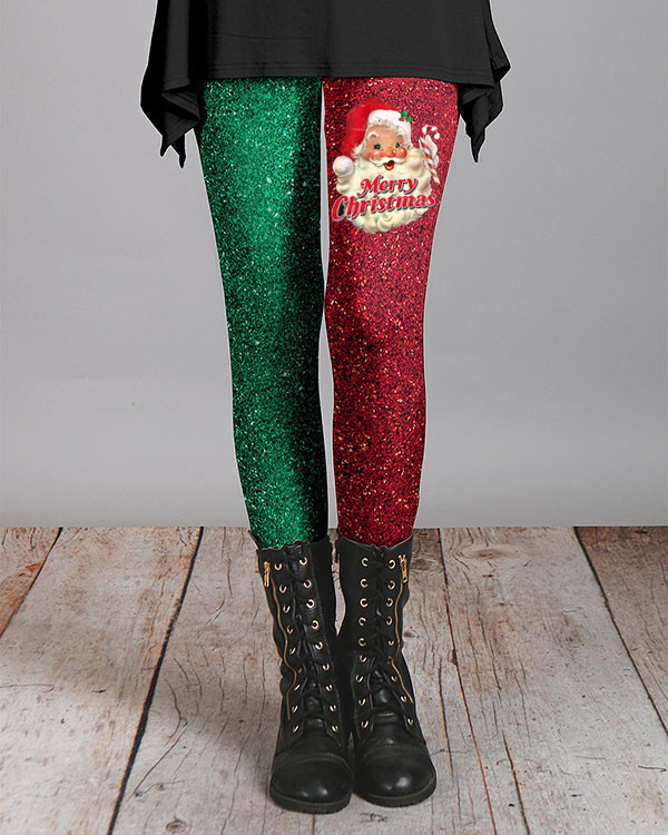 Christmas Red and Green Stitching Santa Leggings