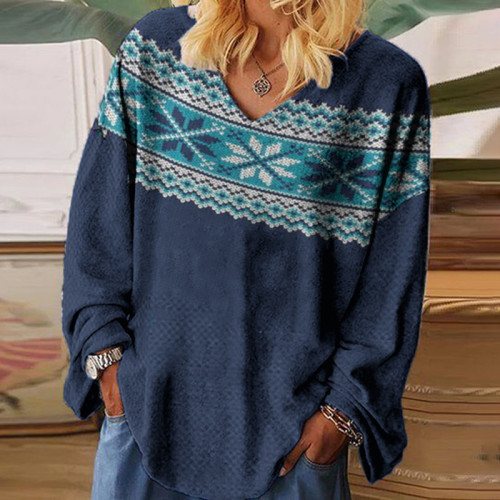 Vintage Icelandic Sweater Pattern Print V Neck T-Shirt