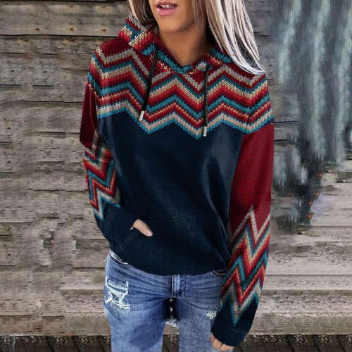 Vintage Contrast Wave Sweater Print Hoodie