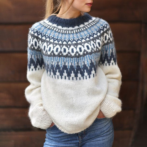 Vintage Geometric Wave Jacquard Long Sleeve Sweater