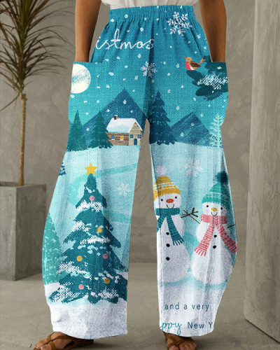 Women's Christmas Snowman Print Loose Pants