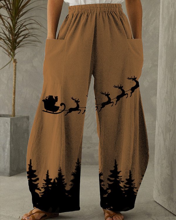 Santa Claus with Reindeer Printed Loose Pants