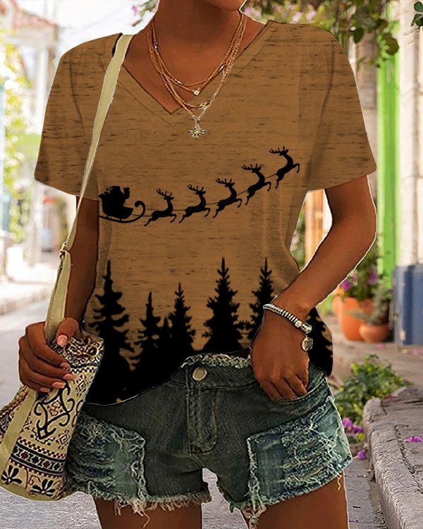 Santa Claus with Reindeer Print T-Shirt