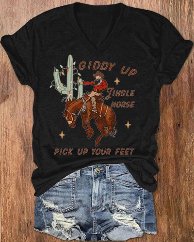 Giddy Up Jingle Horse Pick up Your Feet Cowboy Santa Cactus Western Top