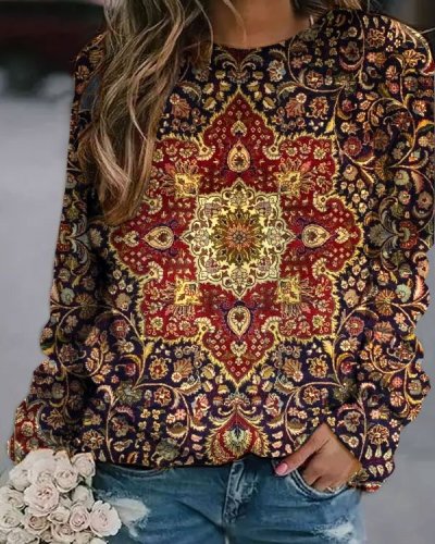 Women's Mandala Floral Print Loose Sweatshirt