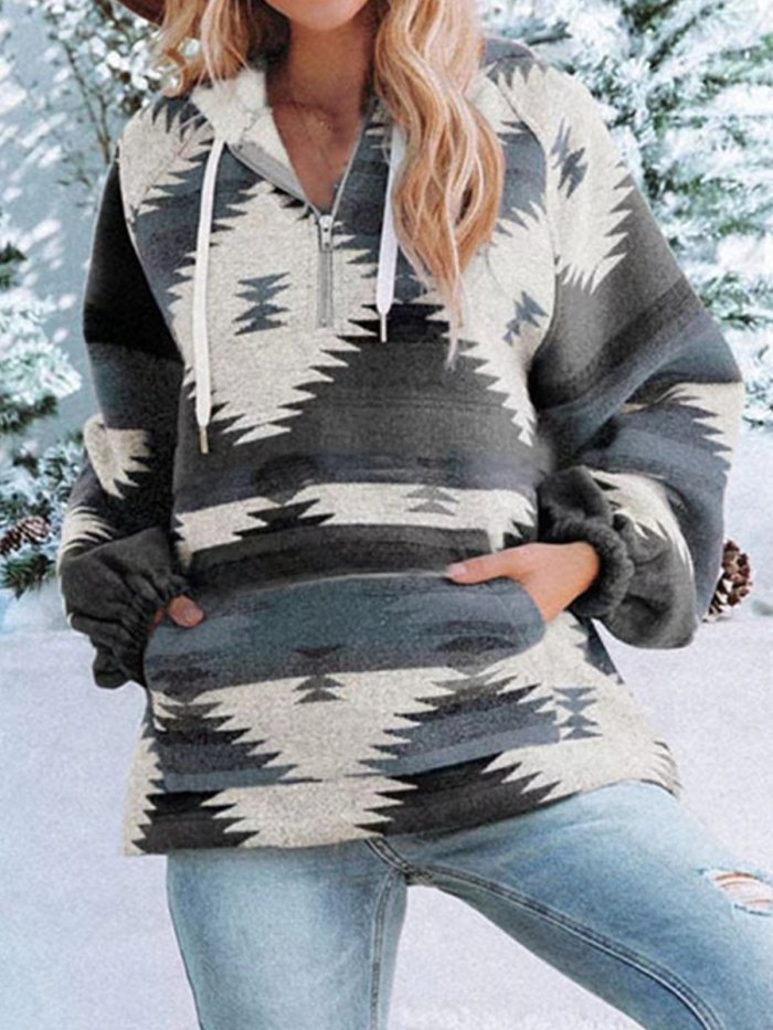 Women's Vintage Western Ethnic Print Zip Pocket Fleece Sweater