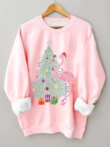 Women's Merry Christmas Flamingo&Tree Fun Print Casual Sweatshirt
