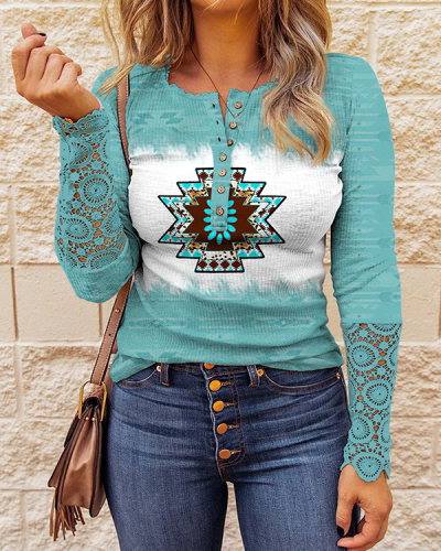 Western Lace Crew Neck Long Sleeve Top