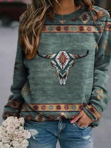 Women's Southwest Style Vintage Plaid Pattern Crew Neck Sweatshirt