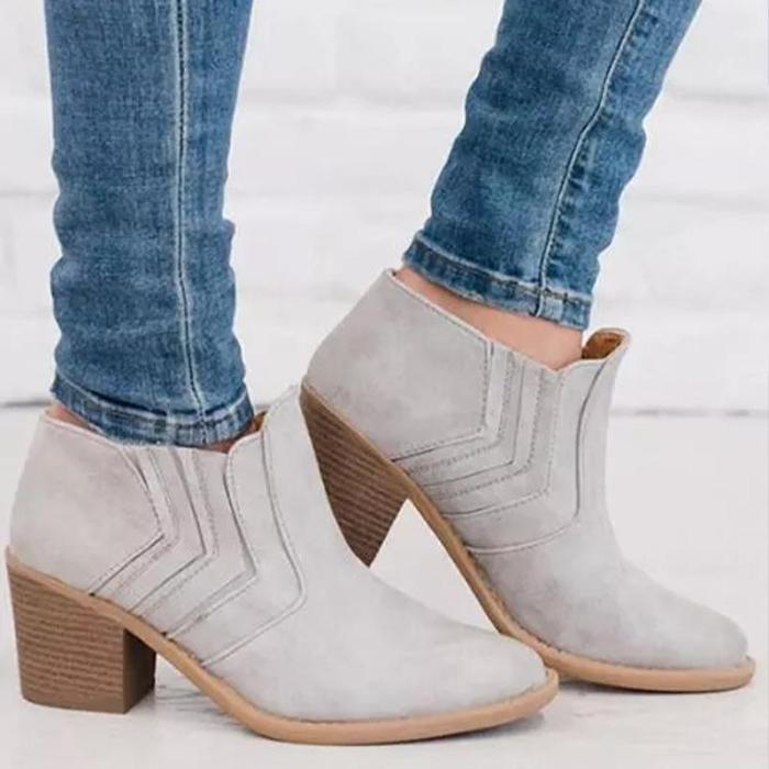 Ladies Chunky Heel Ankle Boots Slip On Round Toe Solid Brief Style Boots