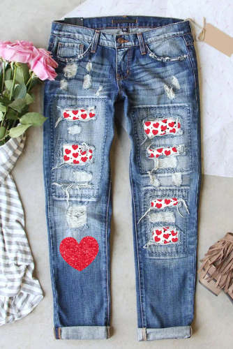 Valentine's Day Love Heart Print Ripped Denim Jeans