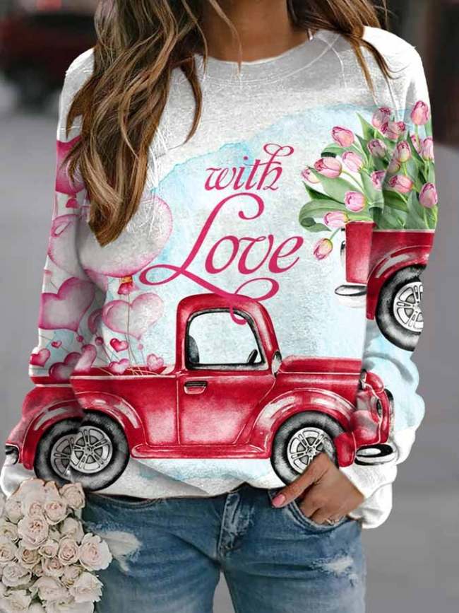 Red Truck With Love Print Long Sleeve Casual Sweatshirt