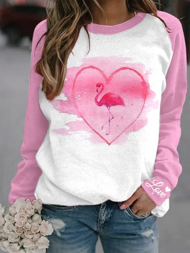 Women's Flamingo Love Print Casual Crewneck Sweatshirt