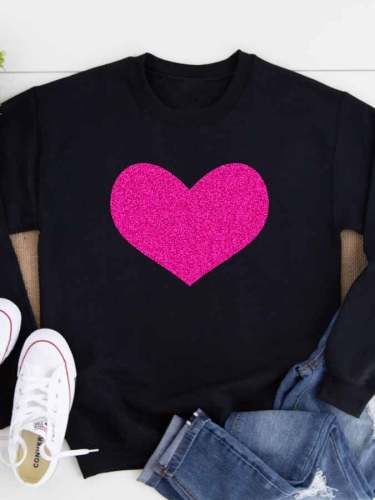 Heart Valentine's Day Printed Round Neck Long Sleeve Sweatshirt