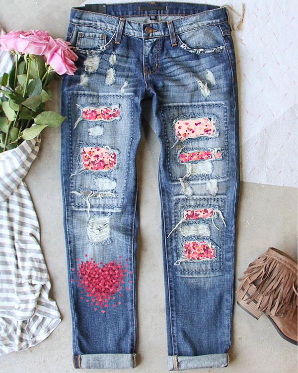 Women's Pink Valentine's Day Loose Jeans