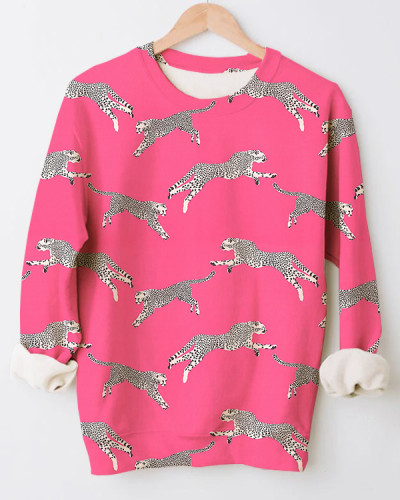 Women's Cheetah Print Pink Loose Crewneck Sweatshirt