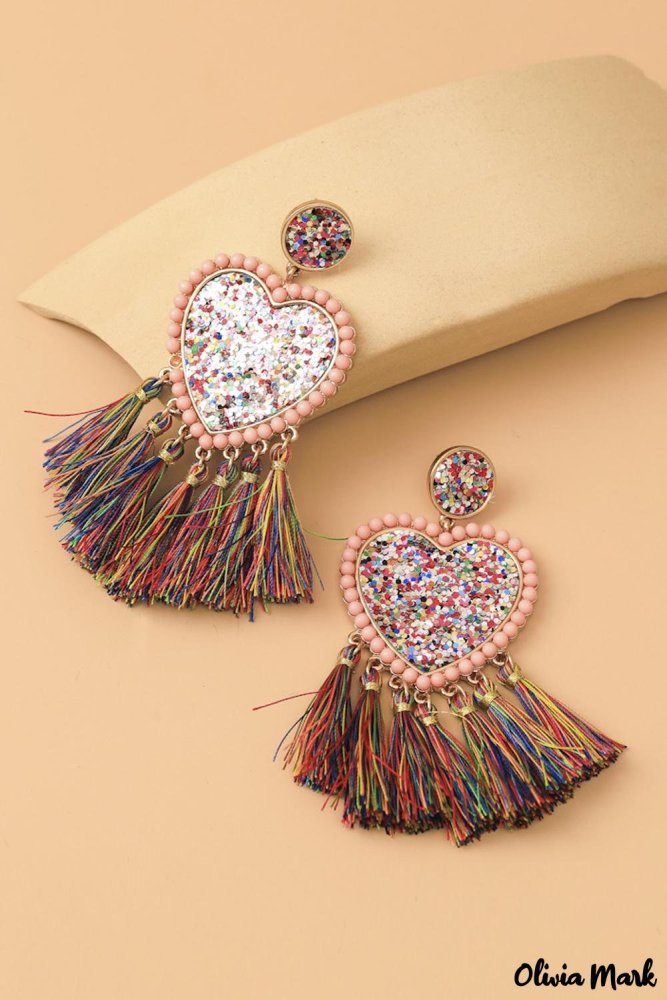 Heart Earrings Long Fringes Ethnic Vintage Bohemian Multicolored