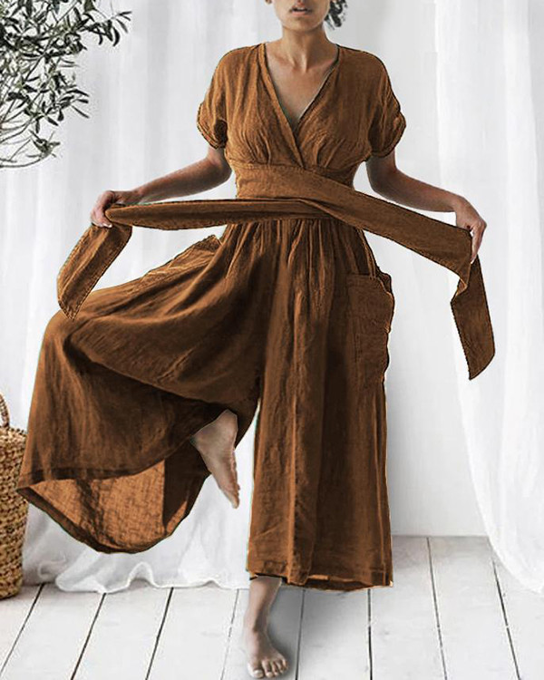 Solid Linen Relaxed Loose Tie Jumpsuit