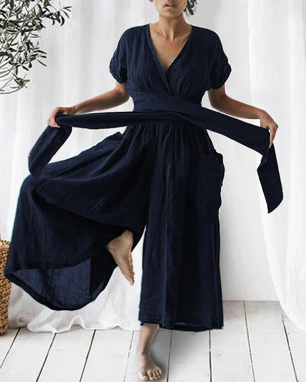 Solid Linen Relaxed Loose Tie Jumpsuit
