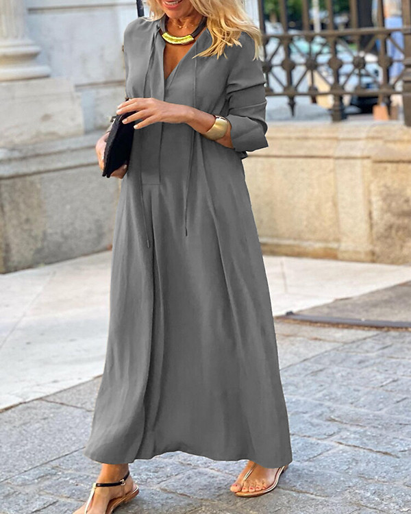 Solid Color Cotton V-neck Long-sleeved Simple Dress