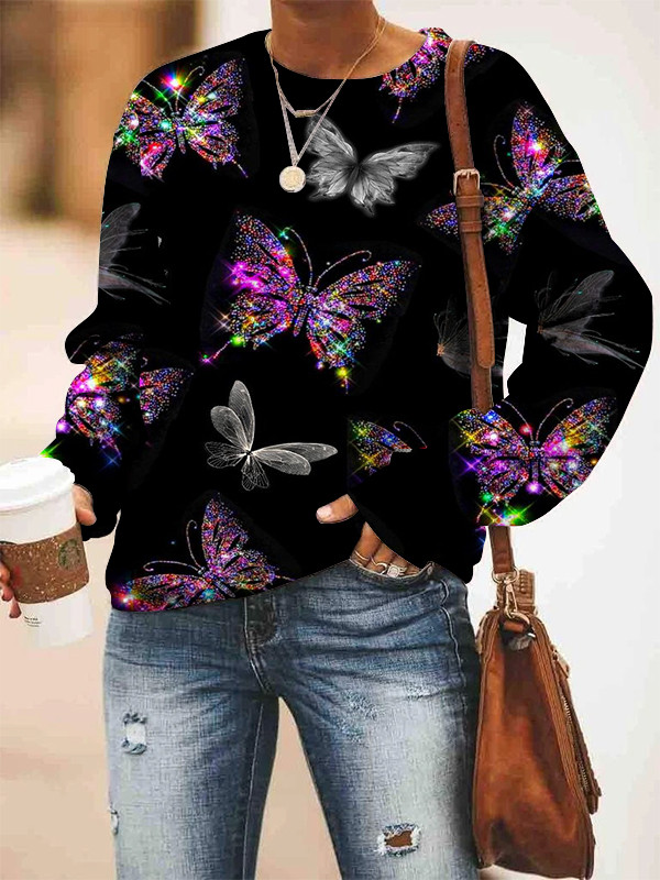 Casual Bling Butterfly Crew Neck Sweatshirt