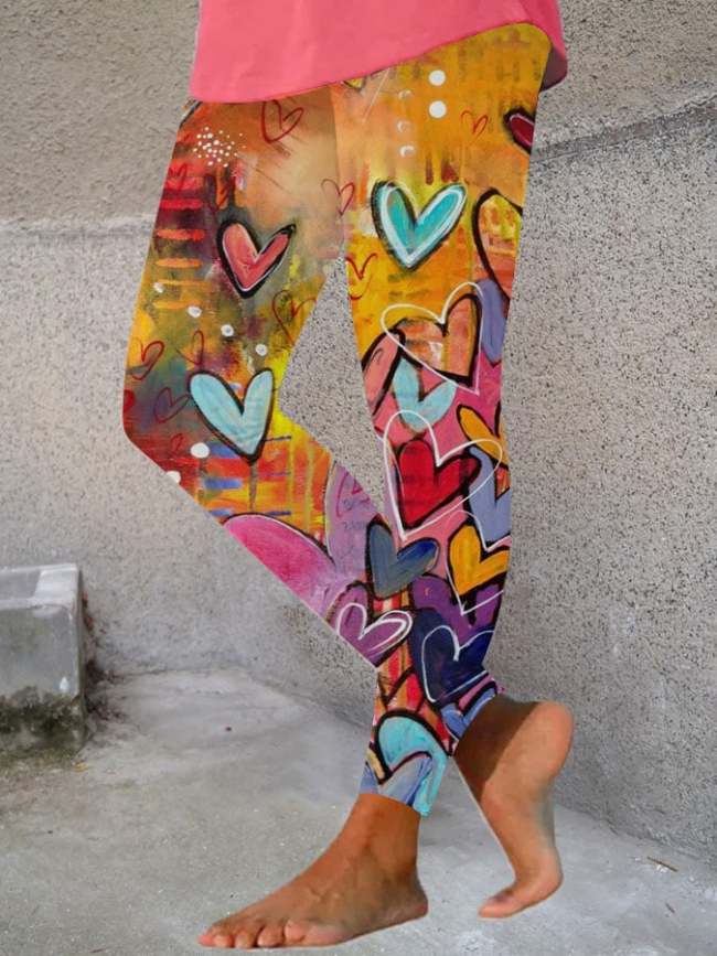 Women's Oil Painting Heart Print Leggings