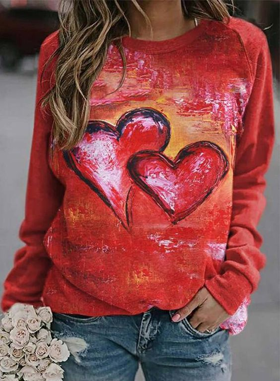 Casual Heart Long Sleeve Round Neck Printed Sweatshirt