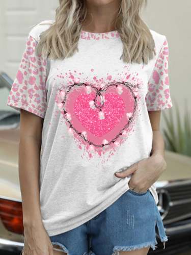 Valentine's Day Pink Heart Print Round neck T-Shirt