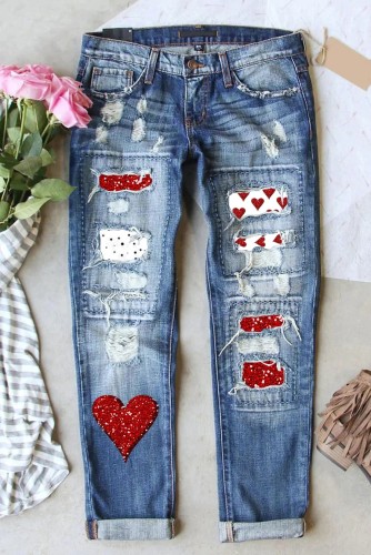Love Heart Sequins Print Jeans