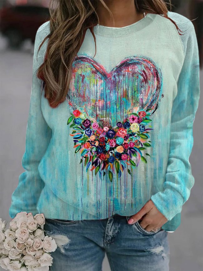 Women's Oil Painting Heart Flower Print Sweatshirt