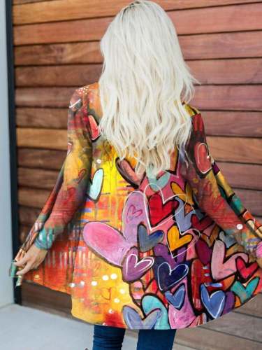 Women's Oil Painting Heart Print Casual Cardigan