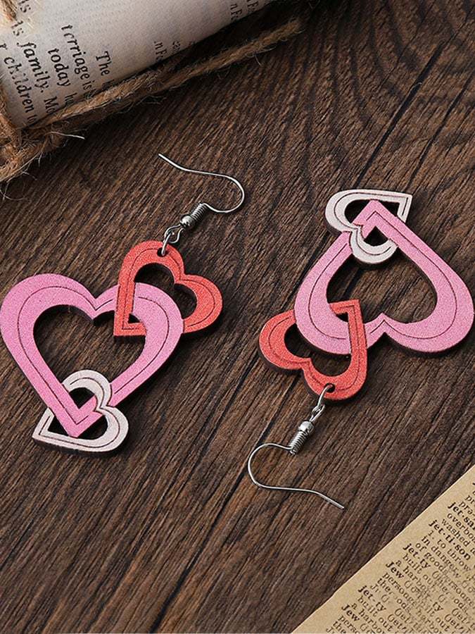 Valentine's Day Hollow Heart Series Wooden Earrings