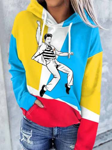 King Of Rock Roll Color Block Print With Pocket Hoodie