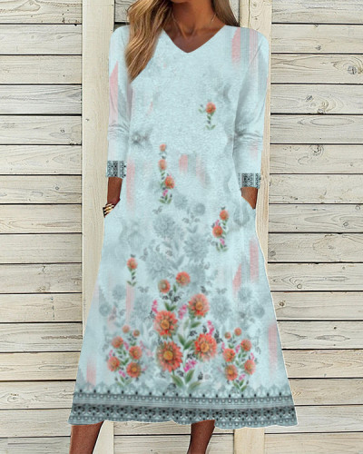 Vintage Floral V-Neck Long Sleeve Midi Dress