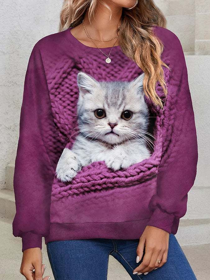 Fashion Cat Print Langarm-Sweatshirt
