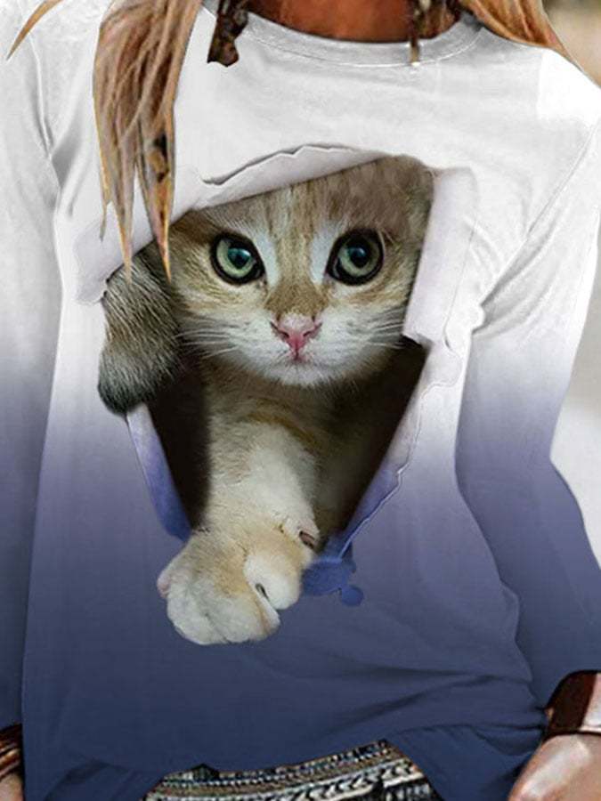 Trendiges Langarm-T-Shirt mit Katzenverlaufsdruck
