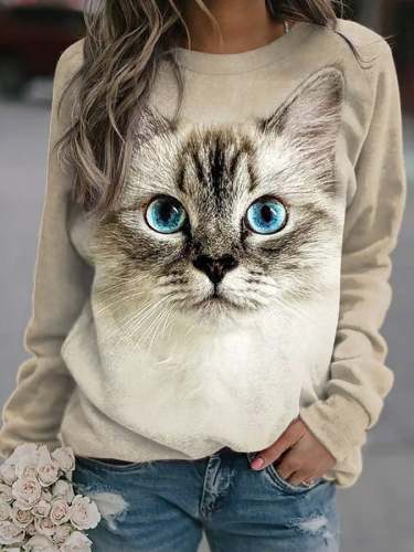 Modisches Langarm-Sweatshirt mit Katzen-Print