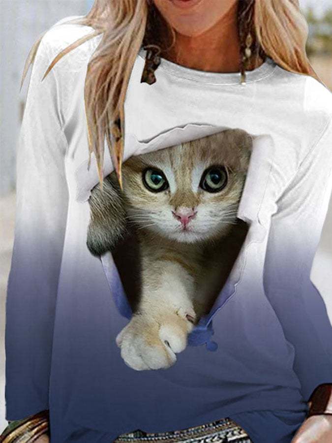 Trendiges Langarm-T-Shirt mit Katzenverlaufsdruck